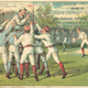 Umpire being attacked by unhappy players (but dressed well!) in a 1988 illustration. Image courtesy John Thorn.